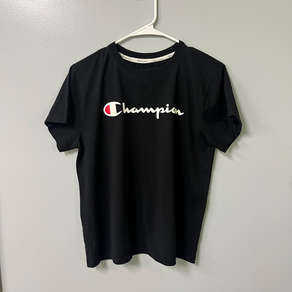 Champion Mens Script Logo Graphic T-Shirt Black Short Sleeve Size Large